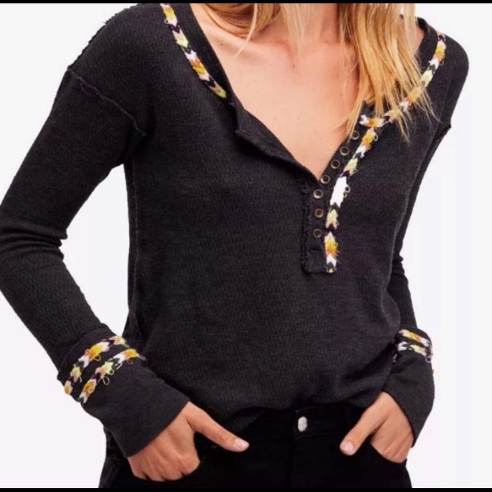 Free People Embroidered Ling Sleeve Top Size M
